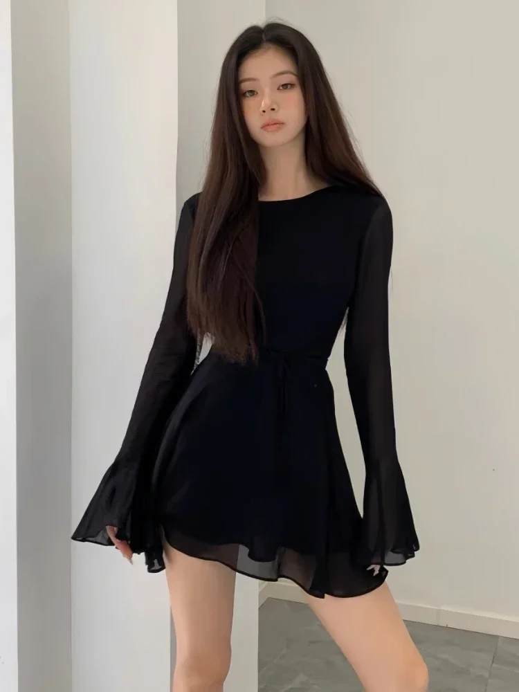 Top Trends: HOUZHOU Backless Black Dress Women Elegant Back Hollow Out Lace-up Long Sleeve Mesh Patchwork Sexy Slim Ruffle Mini Dress Party Shoppable Styles