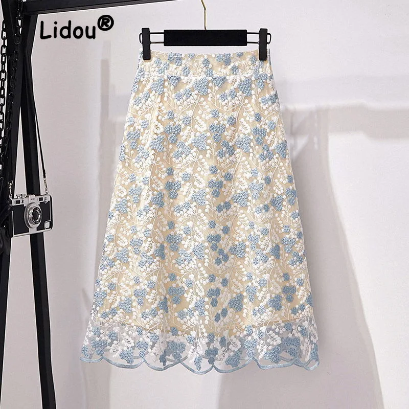 Top Trends: Fashion Floral Heavy Industry Embroidery Lace Skirt Women High Quality Slim Office Lady Classic A-word Large Swing Skirt Shoppable Styles