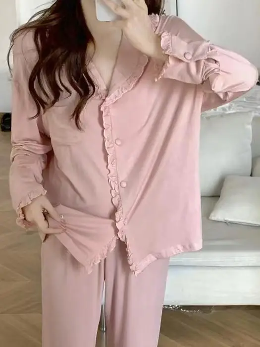 Top Trends: Simple Sweet Pajamas Flanged Casual Nightdress Women Spring Sleepwear Long Sleeve Lapel Home Wear Set Solid Color Loose Pyjamas Shoppable Styles