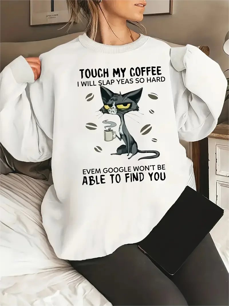 Top Trends: Women's Plus Funny Cat & Slogan Print Long Sleeve Crew Neck Slight Stretch Pullover Sweatshirt Casual Tops Shoppable Styles