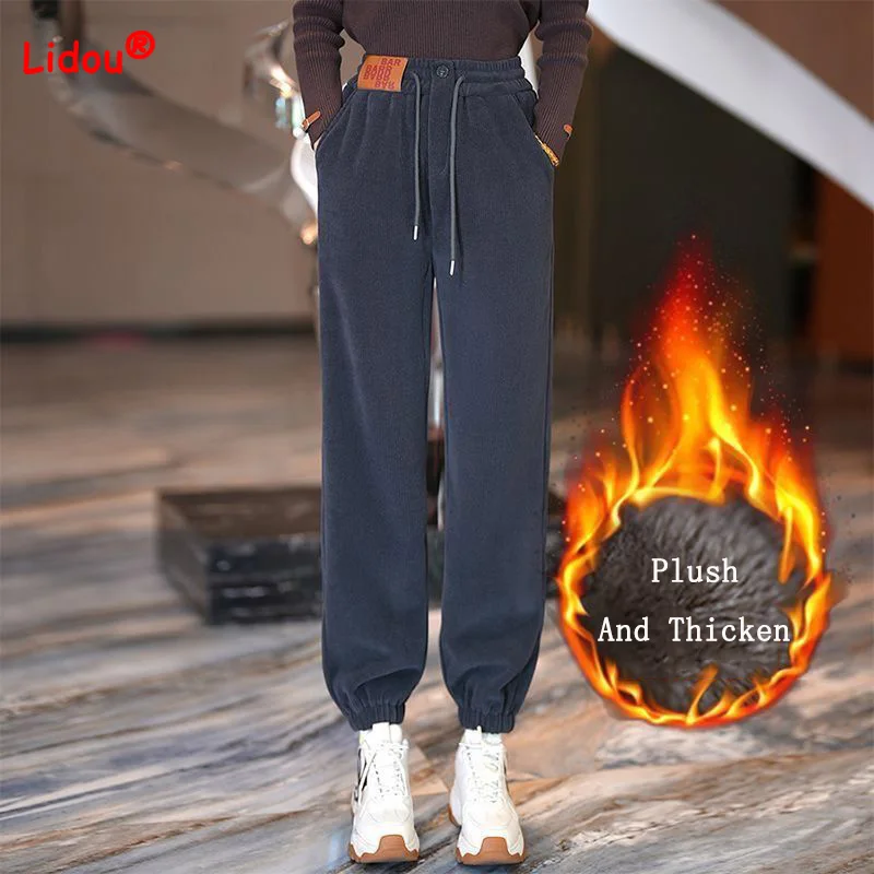 Top Trends: Chenille Plush And Thicken Double Pockets Corset Trousers Autumn Winter All-match Solid Color Drawstring Higt Waist Harem Pants Shoppable Styles