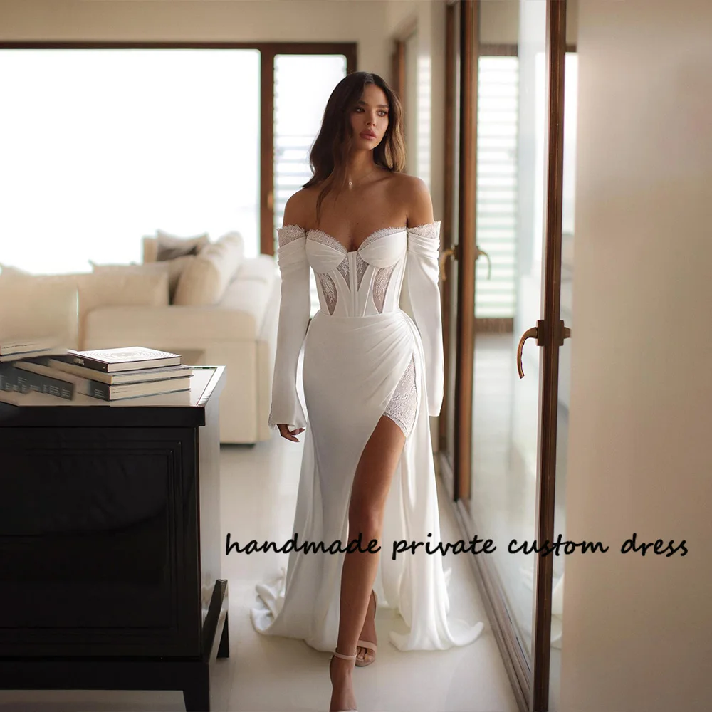 Top Trends: White Mermaid Wedding Dresses Mono Satin Lace Bride Dress Sexy Side Split Beach Bride Dress Off Shoulder Bohemian Wedding Gowns Shoppable Styles