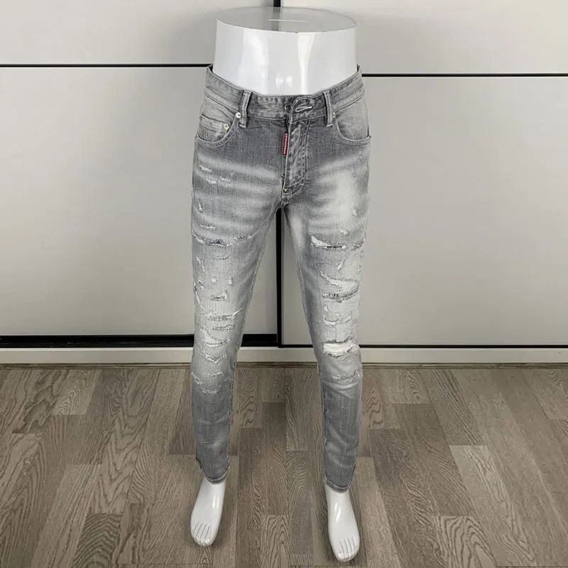 Top Trends: Street Fashion Men Jeans High Quality Retro Gray Stretch Skinny Fit Ripped Jeans Men Patched Designer Hip Hop Brand Pants Hombre Shoppable Styles