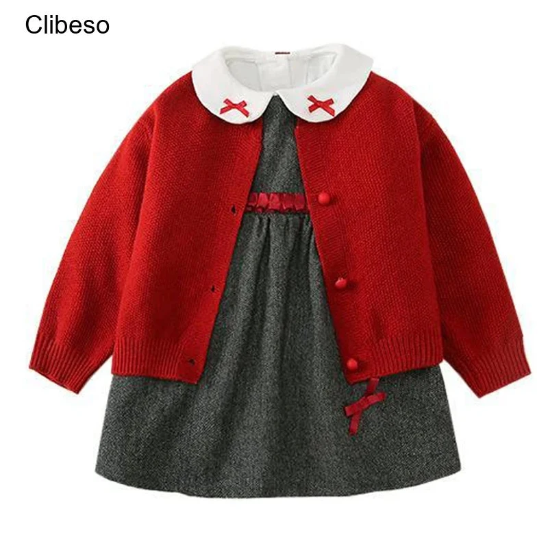 Top Trends: 2024 Clibeso First Birthday Party Dress Set 3 Pcs For Baby Girls Kids Red Knitted Cardigan + White Blouse + Sleeveless Dresses Shoppable Styles