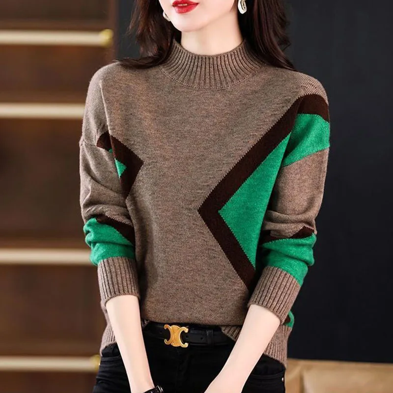 Top Trends: Korean Fashion Vintage Knitted Sweaters Autumn Winter Mock Neck Long Sleeve Panelled Pullovers Women Clothing Loose Casual Tops Shoppable Styles