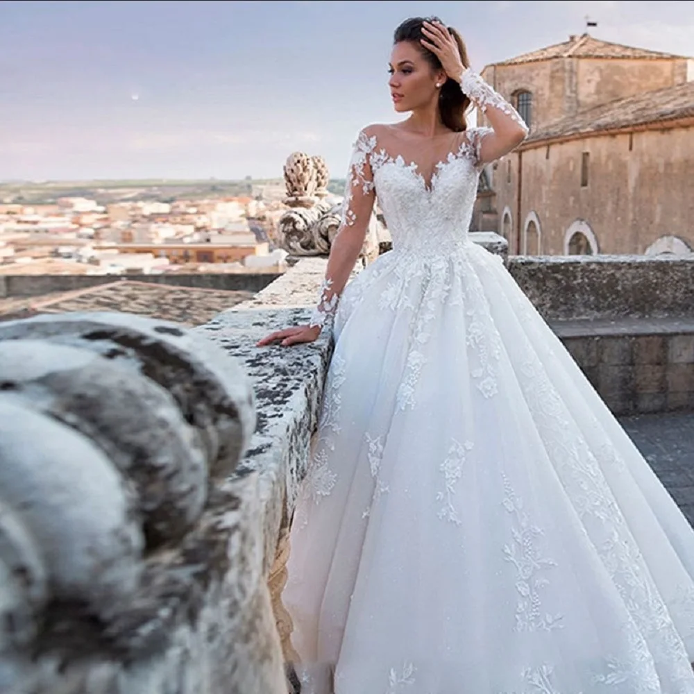 Top Trends: Ramanda Hobo Sweetheart Appliques Illusion Full Sleeves Tulle Bridal Gown Elegant A-Line Button Wedding Dress For Momen Shoppable Styles