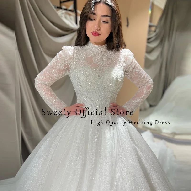 Top Trends: Luxury Wedding Dress Sequins With Embroidery Lace Sequins Ball Gown Full Sleeve High-Neck Bride Dress Back Button Robe De Mariee Shoppable Styles - Image 4