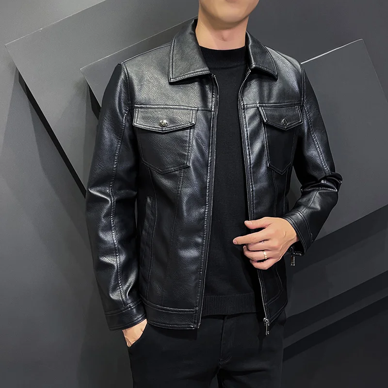 Top Trends: 2022 Autumn Fashion Trend Coats Male New Style Slim Fit Lapel-Up Collar Motorcycle Leather Jacket Men's PU Leather Jacket S-5XL Shoppable Styles - Image 4