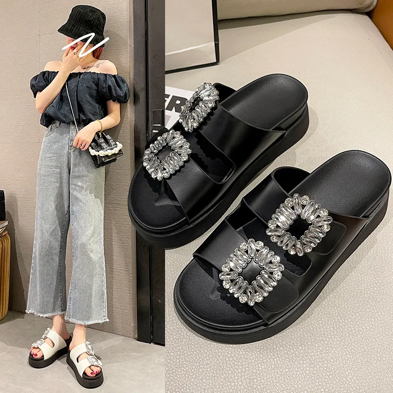 Top Trends: 2023 Brand Rhinestone Shoes Ladies High Heels Platform Sandals Double Buckle Band Slippers Woman Muffins Crystal FlipFlops Mujer Shoppable Styles