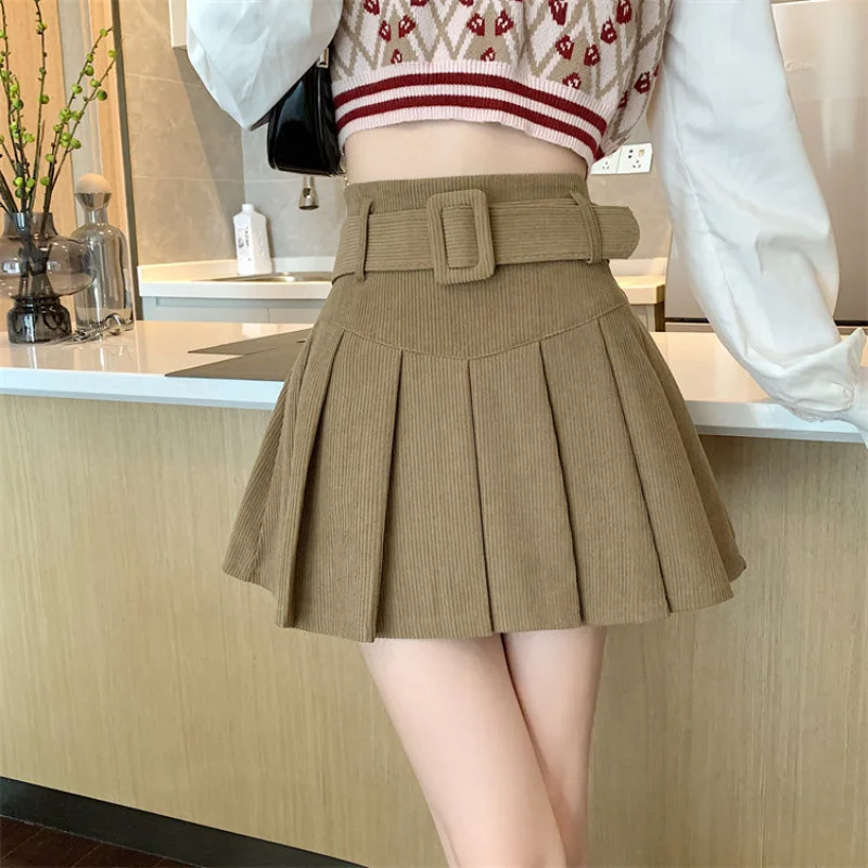 Top Trends: Sweet Corduroy Pleated Short Skirt Autumn Winter New High Waist Solid All-match A-line Skirt Korean Fashion Women Clothing Shoppable Styles