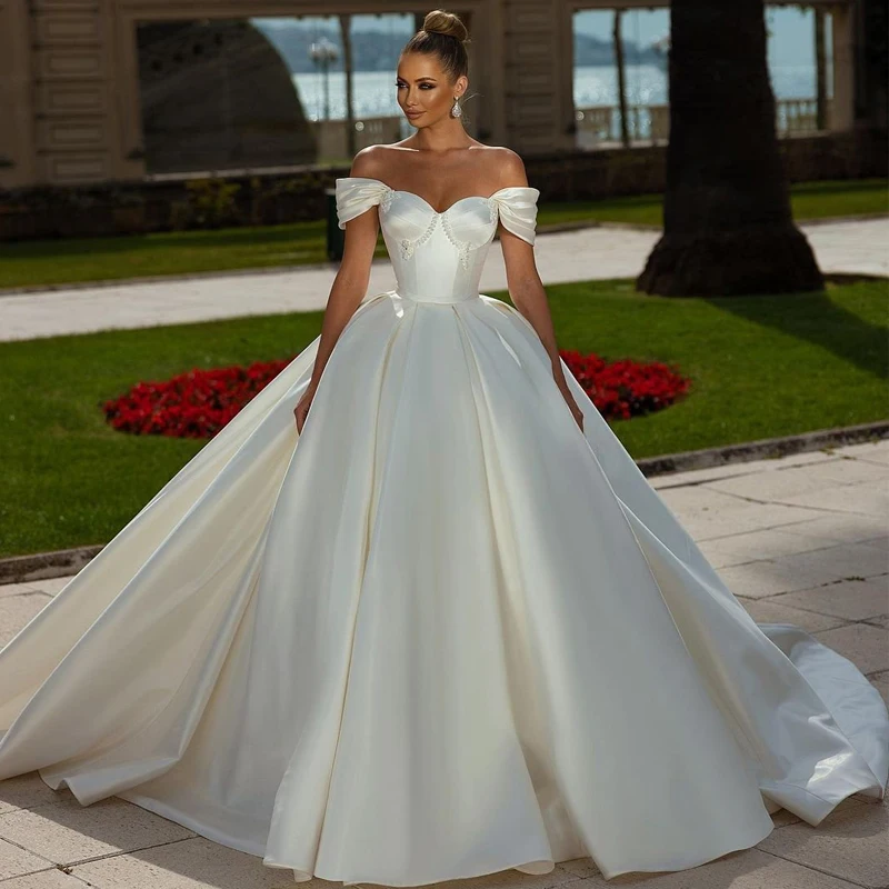 Top Trends: Luxury Sexy Ladies Off Shoulder Arabian Dubai Satin Wedding Dress A-Line Skirt Sweeping Train Back Tie Custom 2024 Bridal Dress Shoppable Styles