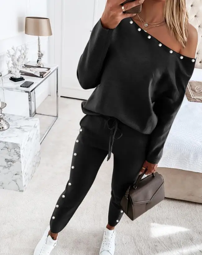 Top Trends: Womens Sexy Pants Two Piece Sets Outfit Cold Shoulder Beaded Top &amp; Drawstring Pants Set 2023 Autumn Winter Spring Fashion Casual Shoppable Styles