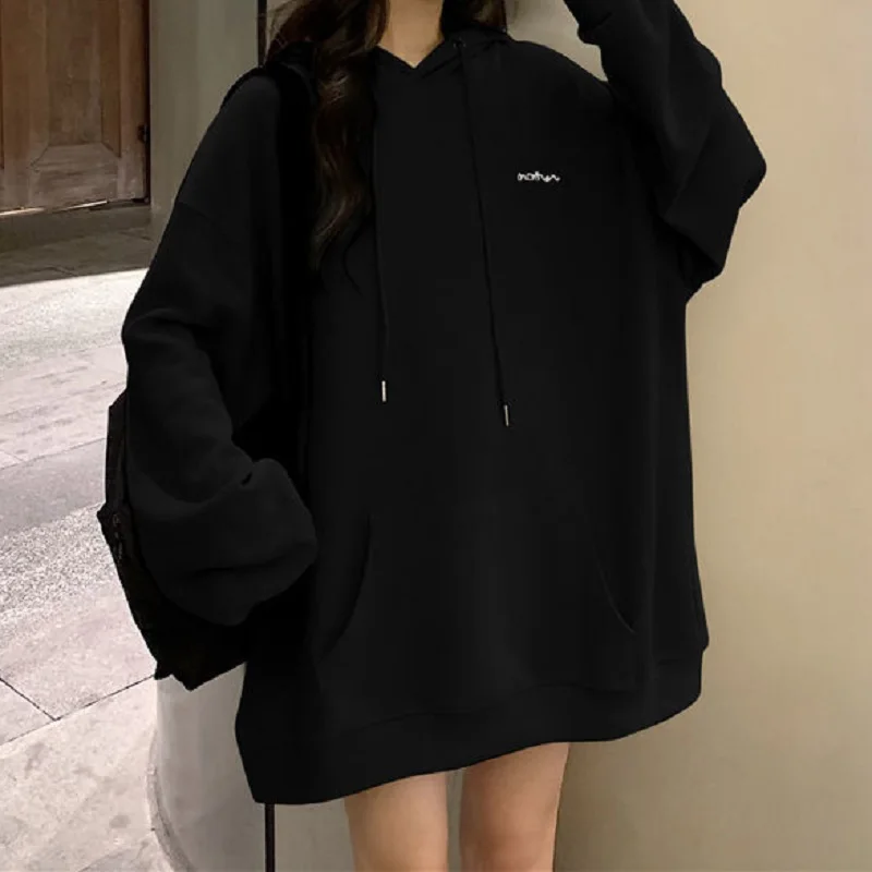 Top Trends: Deeptown Korean Fashion Black Oversize Hoodie Women Harajuku Thin Basic Solid Sweatshirts Long Sleeve Top Grey Pullover Clothing Shoppable Styles