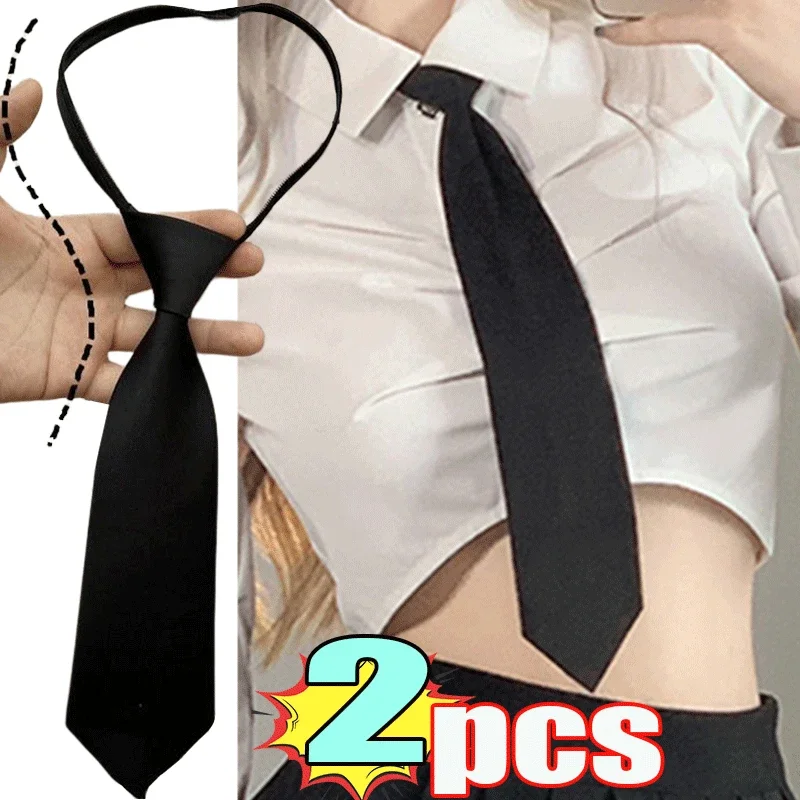 Top Trends: 2 / 1PC Ties Student Retro Black Silky Narrow Neck Tie Slim Smooth Women Zipper Necktie Casual Elegant All-match Trendy Unisex Shoppable Styles