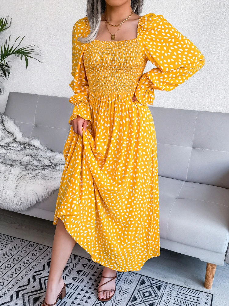 Top Trends: Square Neck Long Sleeve Pleated Dresses Summer Middle Waist Big Swing Flare Sleeve Ankle-length Dresses For Women 2023 Fashion Shoppable Styles