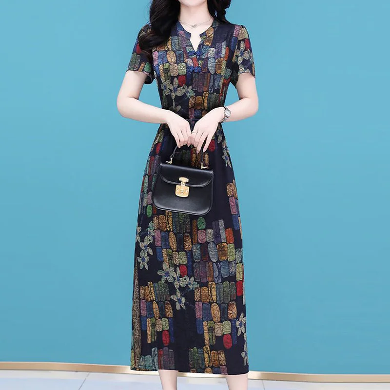 Top Trends: Vintage Printing Short Sleeve Summer Clothes For Women Simplicity Office Lady V-Neck Lacing Waist Retraction Midi A-line Dresses Shoppable Styles