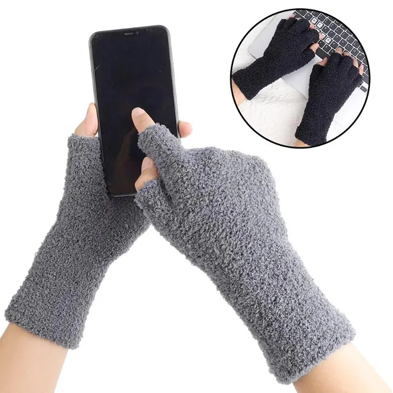 Top Trends: Soft Plush Gloves Women Winter Thicken Coral Fleece Long Arm Touchscreen Fingerless Glove Warm Half Finger Outdoor Work Mittens Shoppable Styles - Image 2