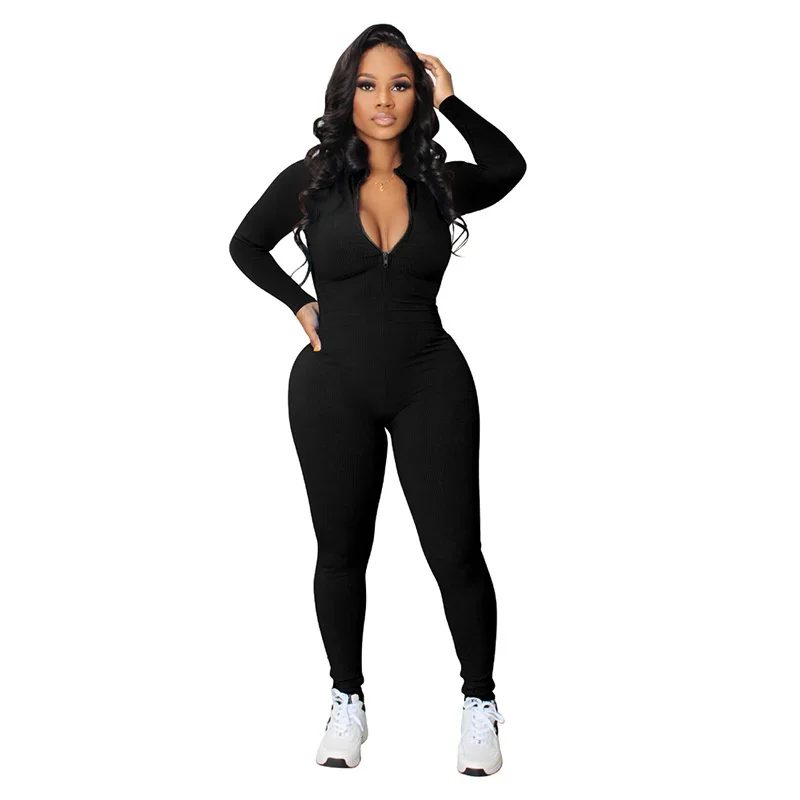 Top Trends: Women Solid Color Sports Jumpsuit 2023 Autumn Pit-stripe Fabric Slim Fit O Neck Zipper Splice Rompers Female Skinny Pencil Pants Shoppable Styles