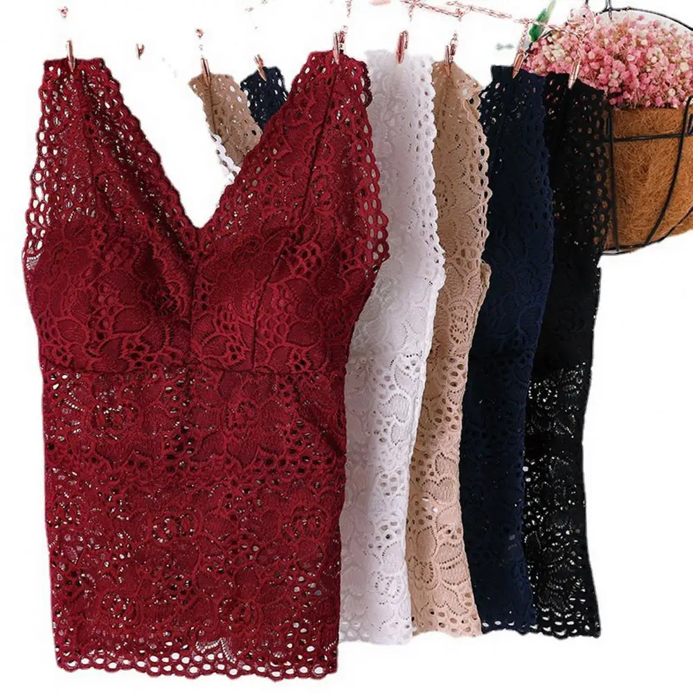 Top Trends: New In Tank Top V-neck Skeleton With Pads Spaghetti Straps All-Match Sexy Lace Long Bra Crochet Vest Inside Wear Shoppable Styles