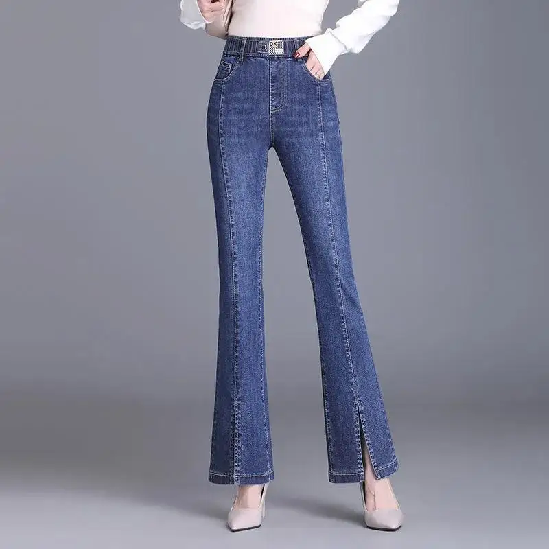 Top Trends: Streetwear Fashion Women Flare Split Jeans High Waist Elastic Band Denim Spring Summer Full Pants Thin Casual Straight Trousers Shoppable Styles