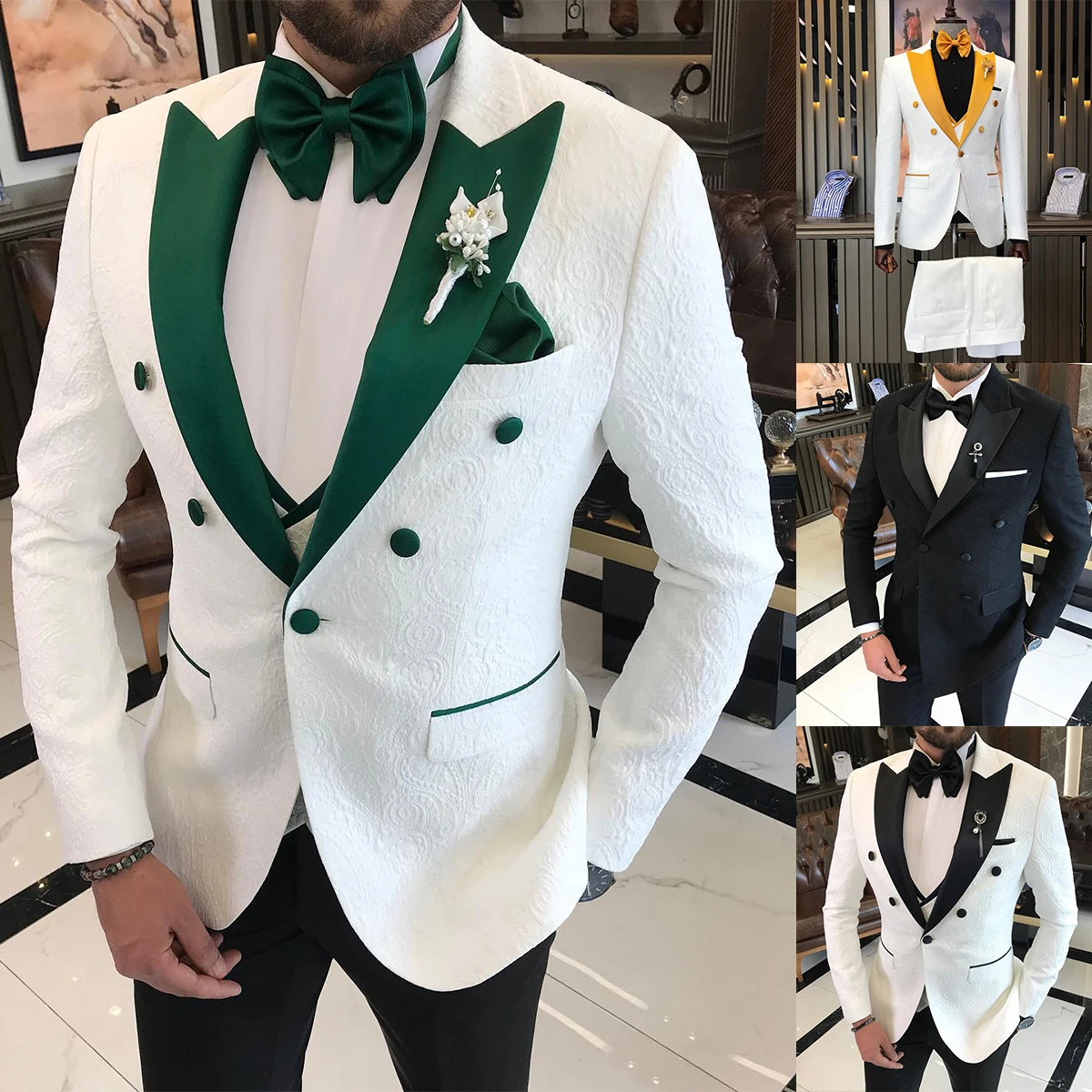 Top Trends: Double Breasted Men Suits For Wedding 3 Pieces Slim Fit Groom Wear Prom Peaked Lapel Tuxedos Custom Made Blazer Vest With Pants Shoppable Styles