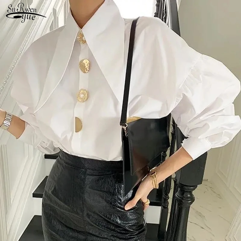 Top Trends: Korean Fashion Elegant Blouse Retro Loose Spring Thin All-match Tops Lapel Turn Down Collar Lantern Sleeve Casual Shirt 17845 Shoppable Styles