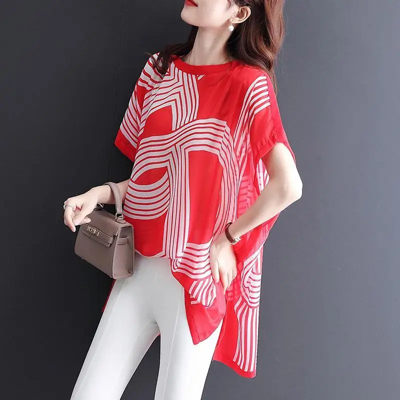 Top Trends: Fashion Striped Printed Batwing Sleeve Oversized Loose Irregular Chiffon Shirt Summer Asymmetrical Casual Women Clothing Blouse Shoppable Styles