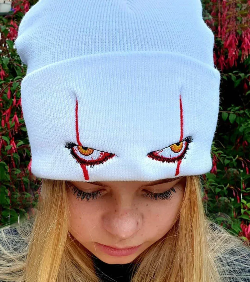 Top Trends: Embroidered Woolen Beanies Hat Scary Clown Eyes Knitted Hat Warm Hedging Hip-hop Hat Woolen Halloween Hat Beanies Shoppable Styles