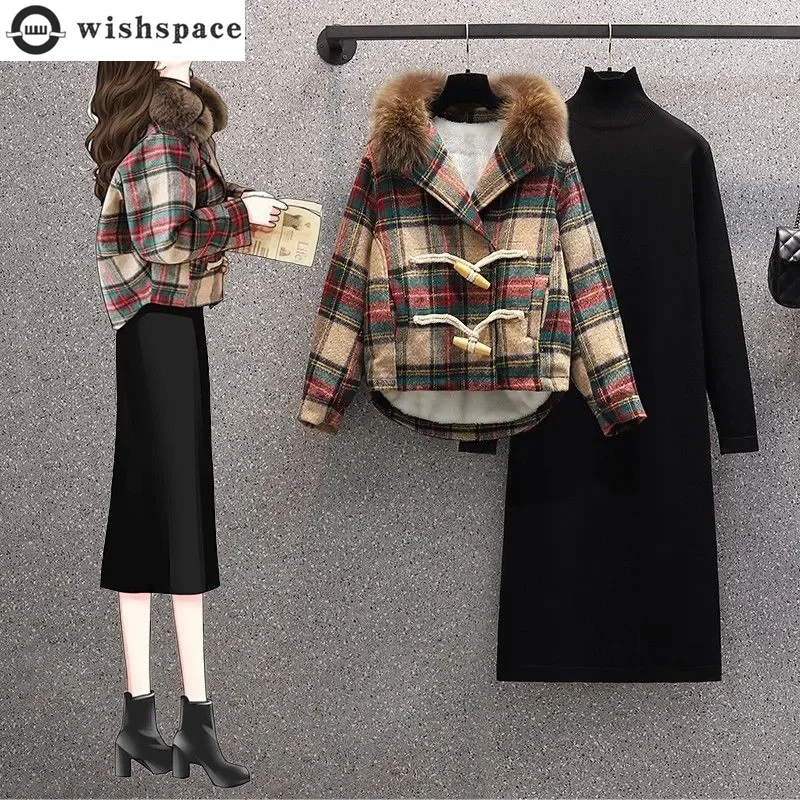 Top Trends: 2023 Winter New Korean Style Plush Thickened Plush Neck Jacket Knitted Dress Two Piece Elegant Women&#039;s Dress Set Shoppable Styles