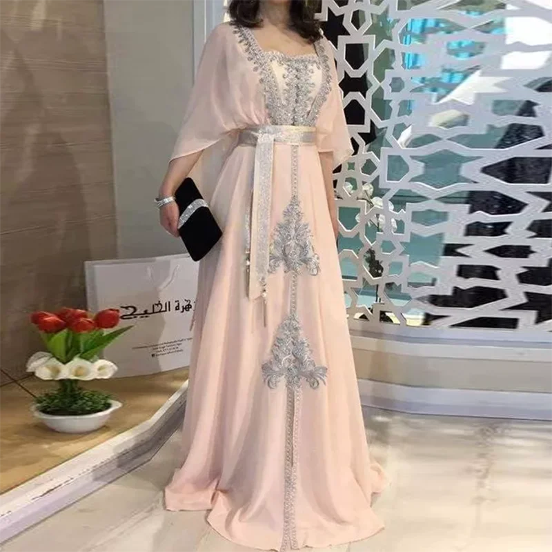 Top Trends: Sweet Pink Tulle A-line Moroccan Kaftan Dubai Evening Dress Elegant Appliques Lace Muslim Arabia Formal Prom Dresses Custom Made Shoppable Styles