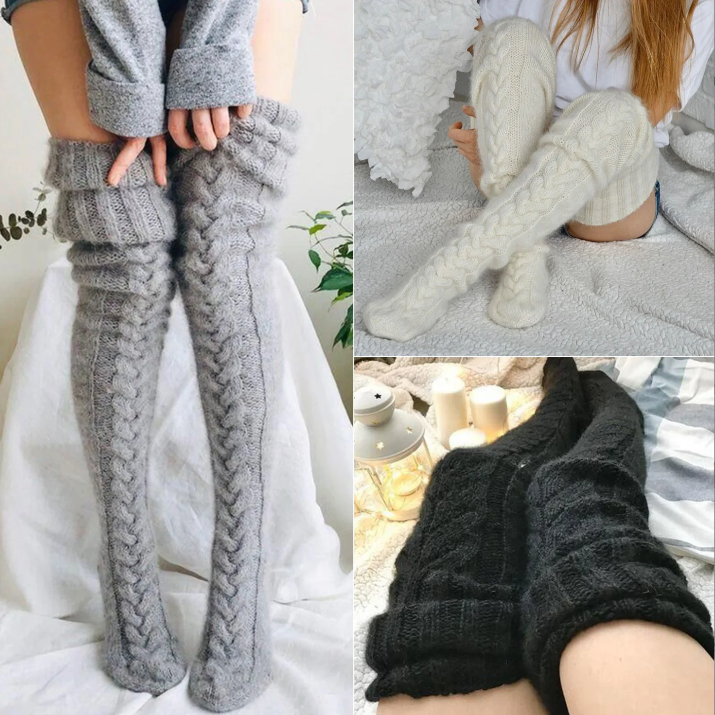 Top Trends: Christmas Mohair Cable Knit Stockings Women Winter Leggings Warm Grey Pink Over Knee Socks Ladies Home Thick Stockings 2023 New Shoppable Styles