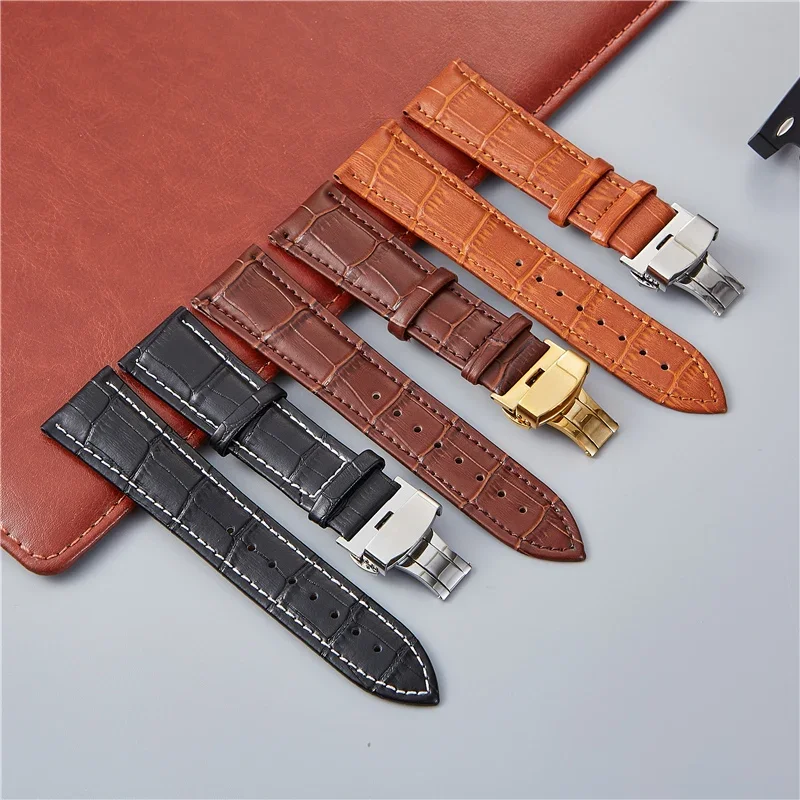 Top Trends: Genuine Leather Watch Straps Embossed Business Watchband 17 / 19 / 21 / 23 Mm Butterfly Stainless Steel Buckle Strap 16 / 18 / 20 / 22 / 24 Mm Shoppable Styles