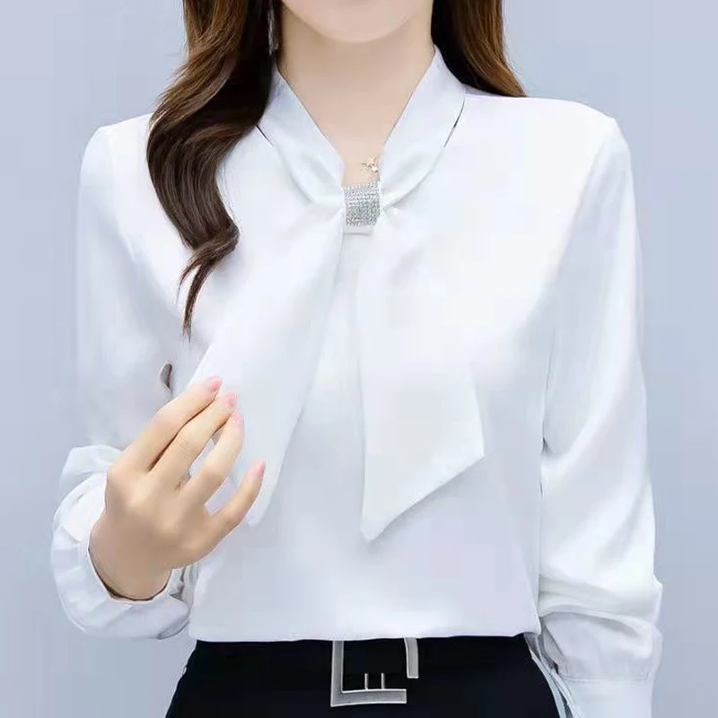 Top Trends: Elegant Solid Color Bow Shirt Tops Spring Autumn New Long Sleeve V Neck Loose All-match Blouse Fashion Office Women Clothing Shoppable Styles