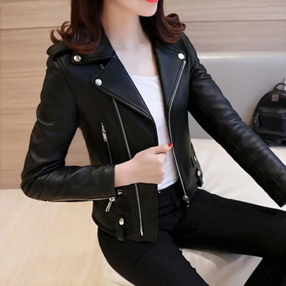 Top Trends: Women Faux Leather Jacket Stylish Faux Leather Women&#039;s Motor Jacket With Turn-down Collar Zipper Decor Slim Fit Solid For Fall Shoppable Styles