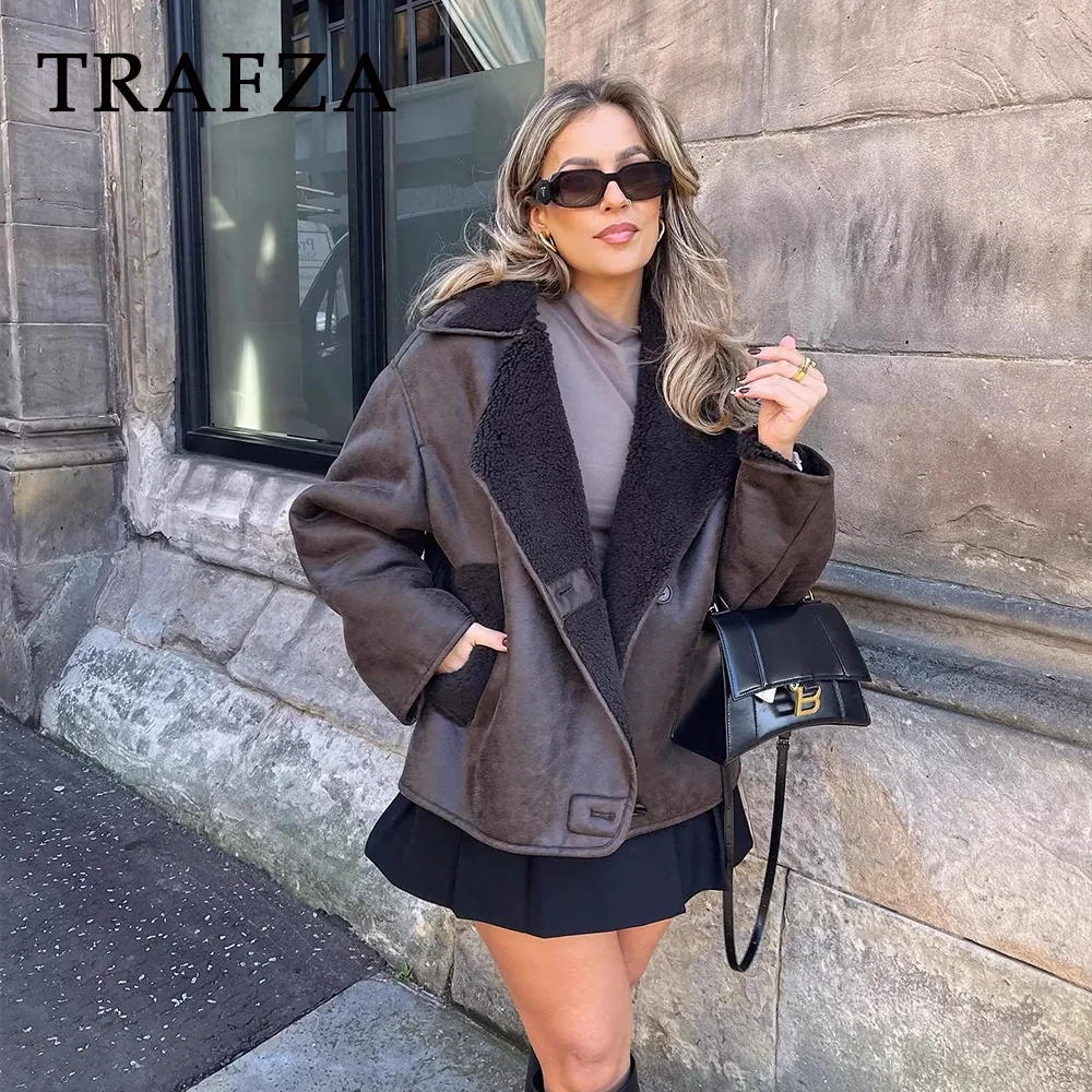 Top Trends: TRAFZA 2023 Autum Winter Vintage Woman Leather Coats Loose Fur Women Jacket Single Breasted Pocket Thick Casual Jackets Parkas Shoppable Styles - Image 2