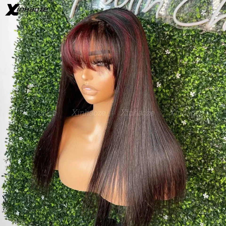 Top Trends: Highlight Ombre Colored Straight 13x6 Lace Frontal Human Hair Wig With Bangs 99J For Woman Remy Brazilian Burgundy Silk Top Wigs Shoppable Styles