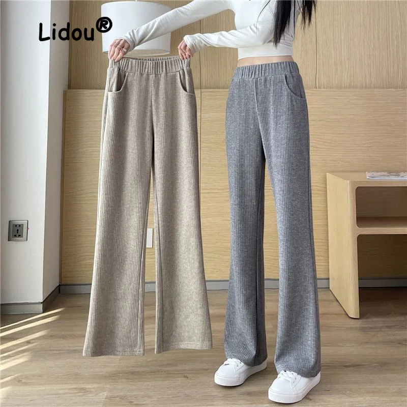 Top Trends: Plush Boot CutPants Women Autumn Winter 2022 New High Waist Wide Leg Trousers Casual Loose All-match Lady Straight Trousers 2022 Shoppable Styles