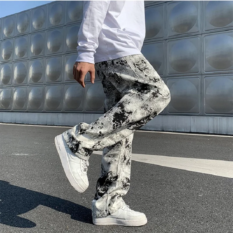 Top Trends: Mens Fashion Printed Jeans Spring 2023 Mopping Trousers Jeans Korean Style High Street Loose Hip Hop Wide-leg Jean Pants Shoppable Styles