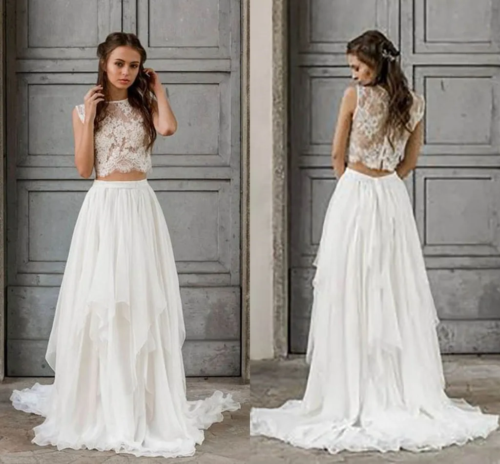 Top Trends: Bohemian Elegant Wedding Dress 2 Pieces Vintage Sleeveless Lace Beach Bride Dresses Train Elegant Chiffon Wedding Bridal Gowns Shoppable Styles