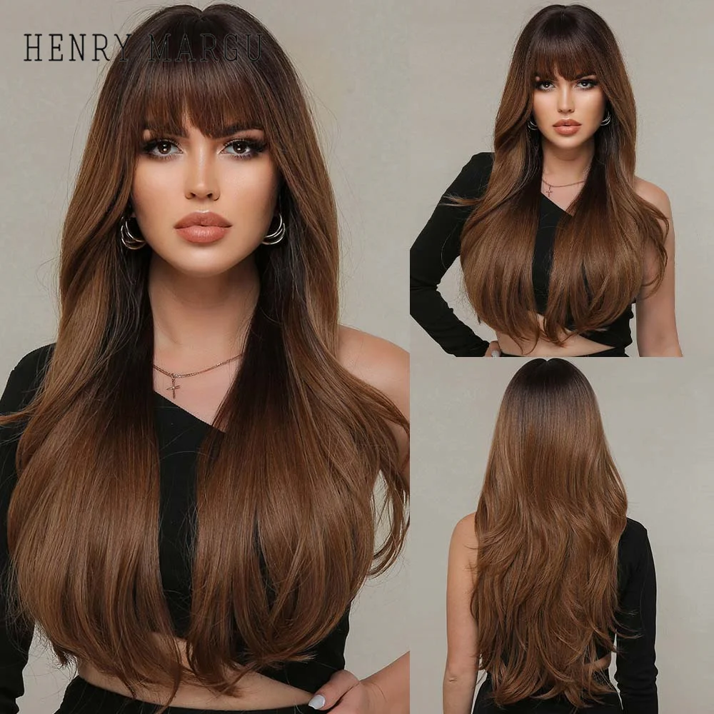 Top Trends: Chestnut Brown Ombre Synthetic Wigs Long Natural Wave Wigs For Black Women With Bangs Daily Cosplay Heat Resistant Hair Wigs Shoppable Styles