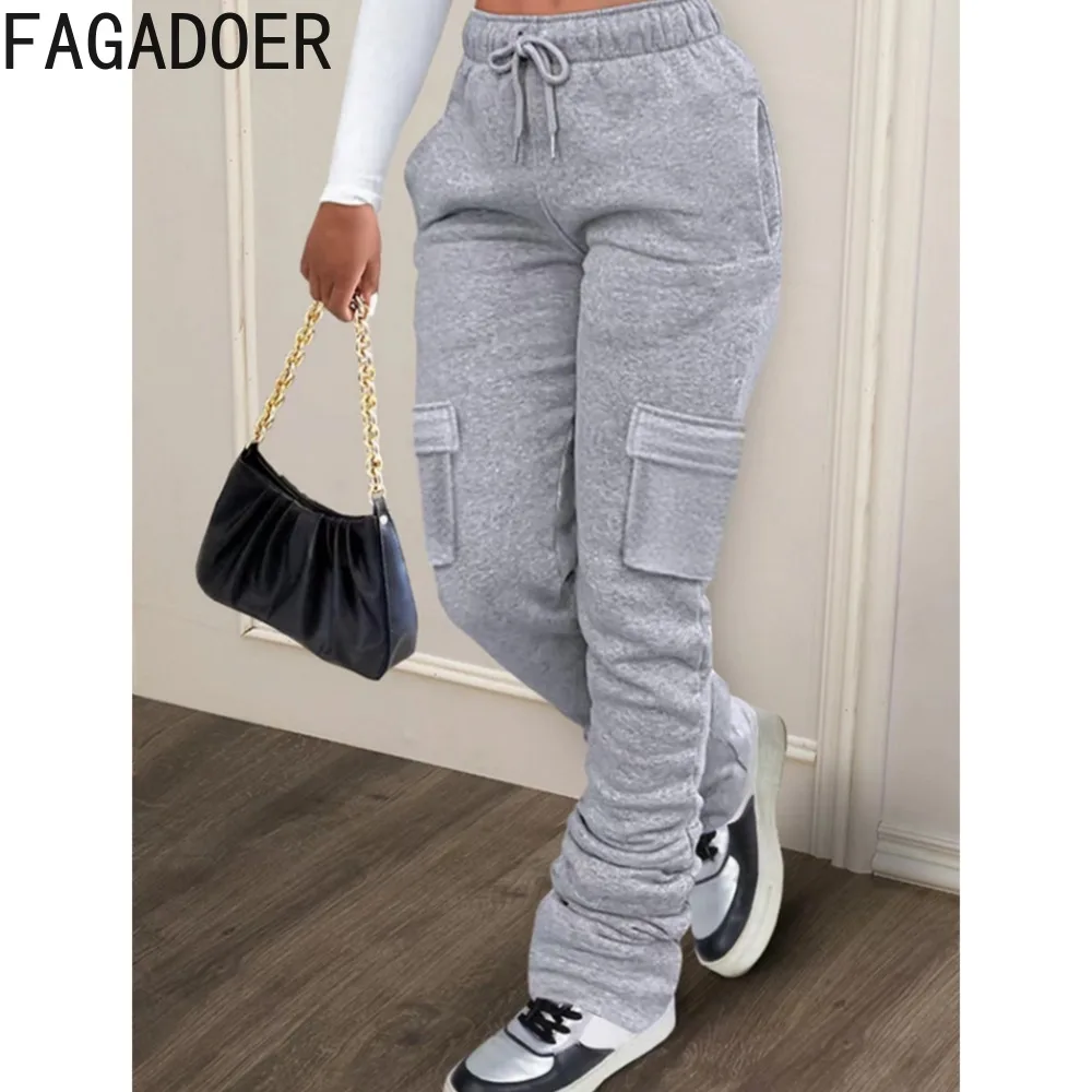 Top Trends: FAGADOER Gray Autumn Winter Drawstring Jogger Pants Women High Waisted Pocket Stacked Trousers Casual Female Sporty Sweatpants Shoppable Styles