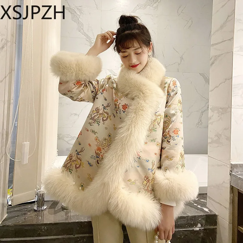 Top Trends: 2023 New Female Coat Winter Faux Fur Chinese Style Harajuku Mid-length Beading Tang Suit Cloak Women Jacket Warm Elegant Vintage Shoppable Styles