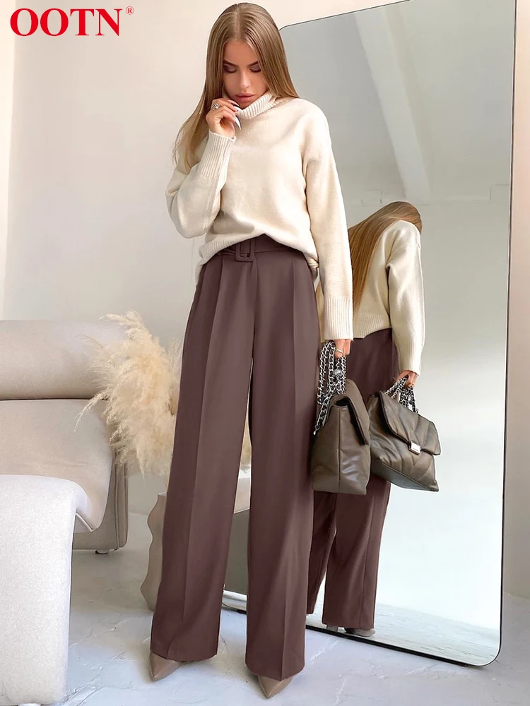 Top Trends: OOTN Autumn Office Wide Leg Pants Women Sashes Elastic Waist Pants Elegant Ladies Brown Trousers Solid Korean Palazzo Cozy Pants Shoppable Styles