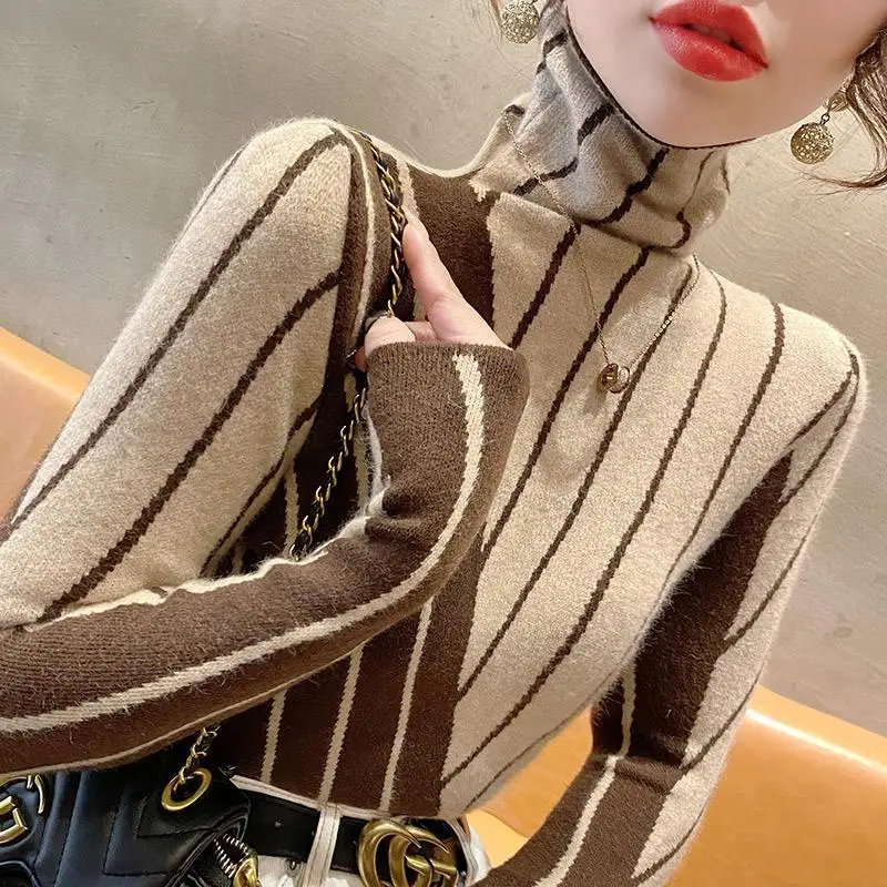 Top Trends: Women's Autumn Winter New Fashion Elegant Stripe High Neck Pullover Casual Versatile Long Sleeve Slim Fit Sweater Knitted Tops Shoppable Styles