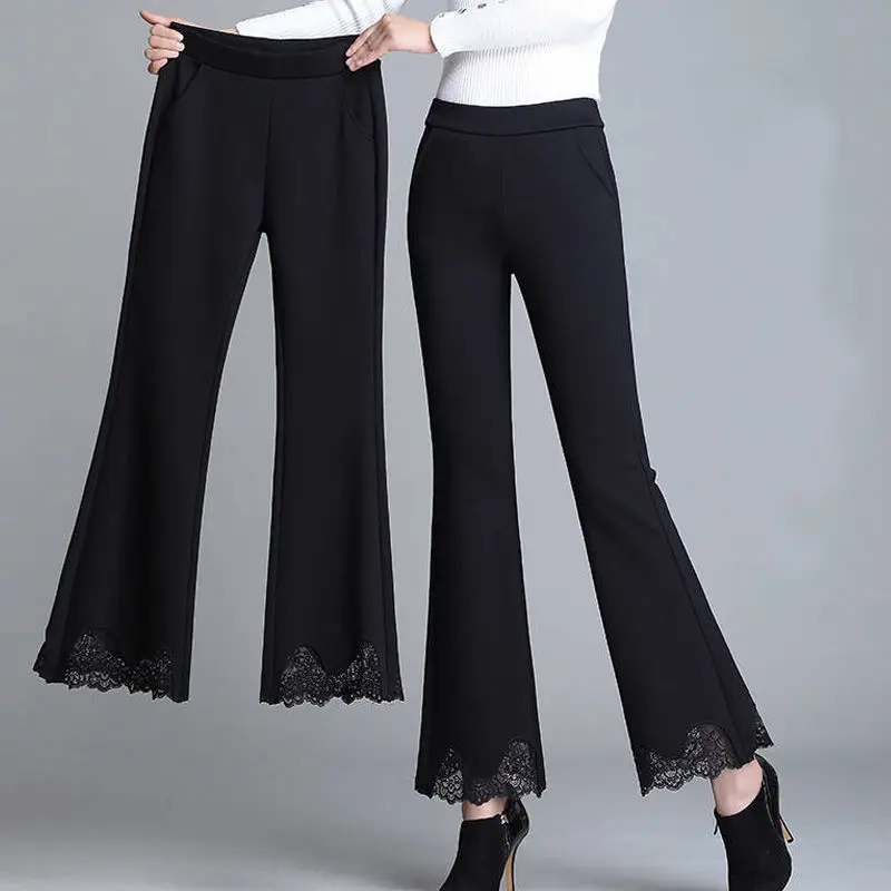 Top Trends: Woman Splicing Lace Fashion Trousers Spring Autumn Thin Office Lady Pocket High Waist Elastic 4XL Loose Female Flare Pants 2022 Shoppable Styles