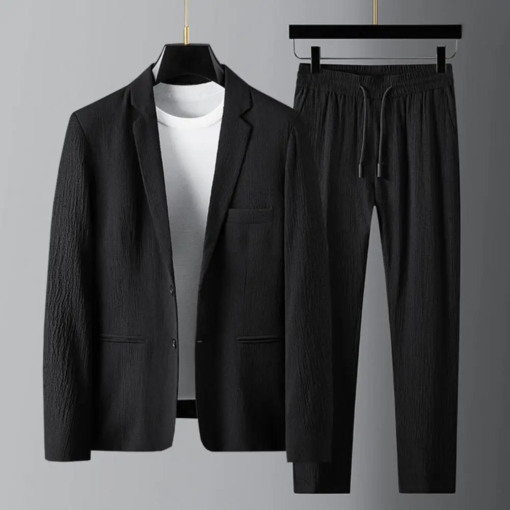 Top Trends: Spring Summer Fashion Suit Men Blazer Pants Stripe Pleats Long Sleeve Turndown Collar Jacket Drawstring Trousers For Wedding Shoppable Styles