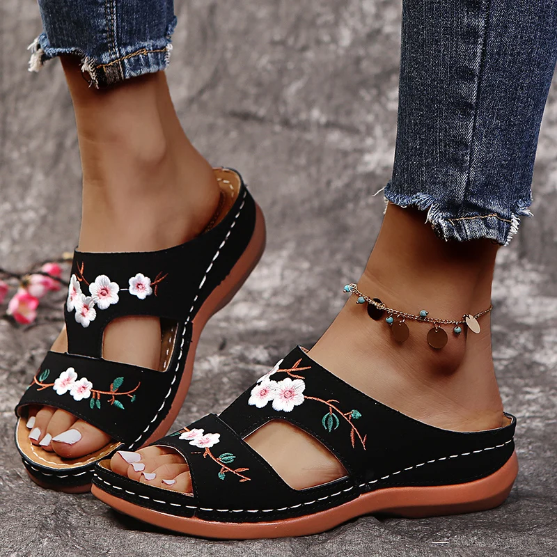 Top Trends: Women Slippers Embroider Flowers Leather Woman Sandals 2023 Outdoor Light Casual Wedges Slippers Slip On Summer Shoes For Women Shoppable Styles - Image 4