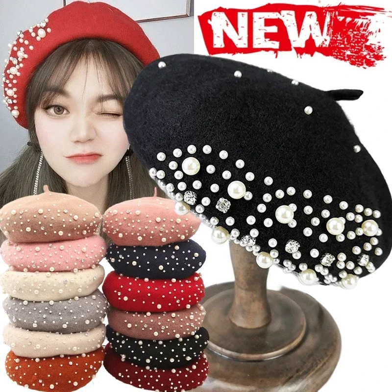 Top Trends: New Solid Color Korean Autumn Winter Wool Pearl Beret Casual With Rhinestone Pearls Beads Hat Women Elegant French Style Cap Shoppable Styles