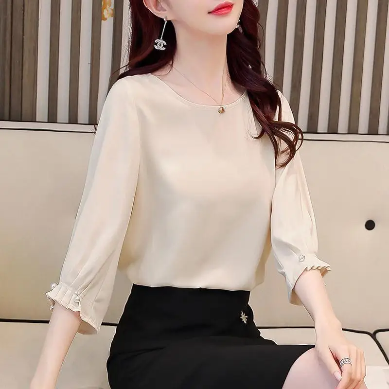 Top Trends: Elegant O-Neck Loose Ruffles Folds Beading Blouse Women's Clothing 2023 Summer New Casual Pullovers Office Lady Chiffon Shirt Shoppable Styles