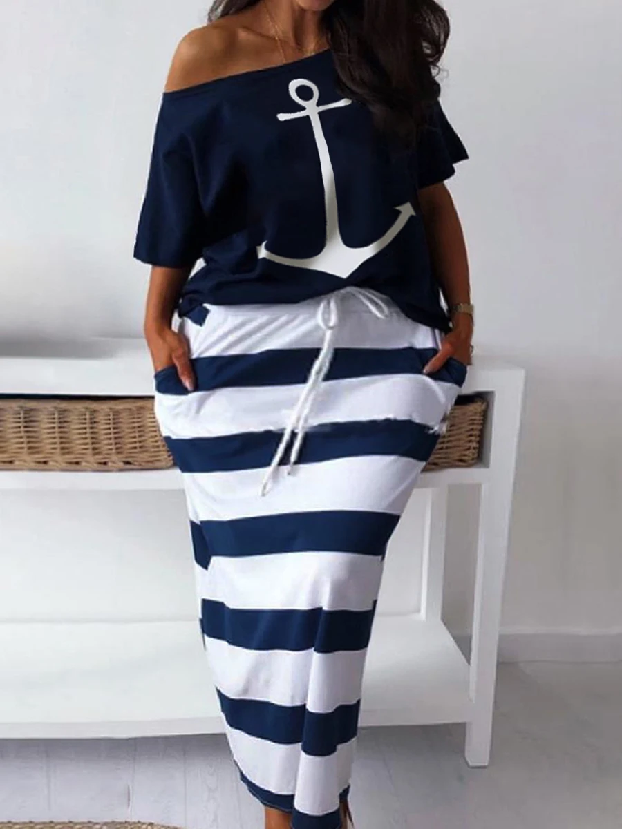 Top Trends: LW Plus Size Matching Sets Two Piece Dress Sets Letter Print Striped Skirt Set Fashion Casual Summer Tops+ Bottoms Matching Outfi Shoppable Styles